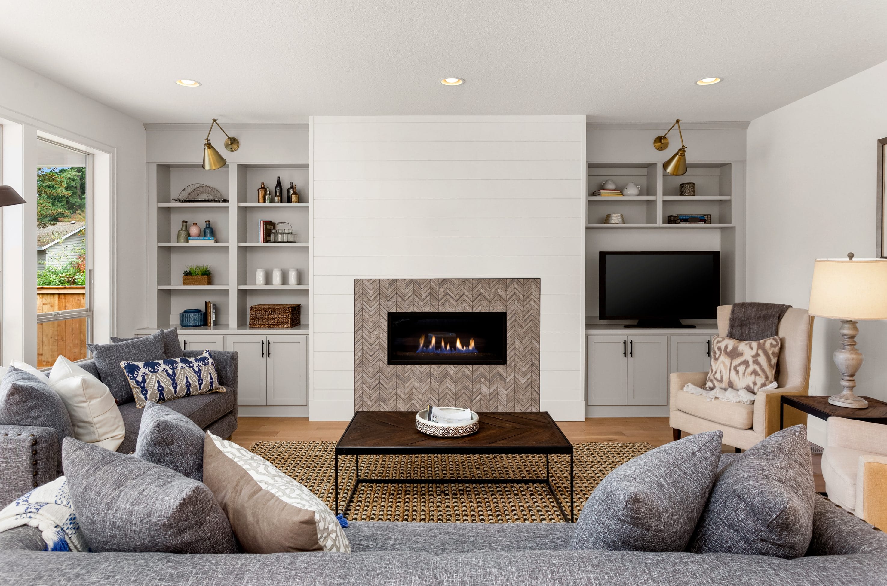 A more modern fireplace setup in a living area.